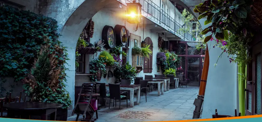 A courtyard restaurant in Kraków's Kazimierz district.