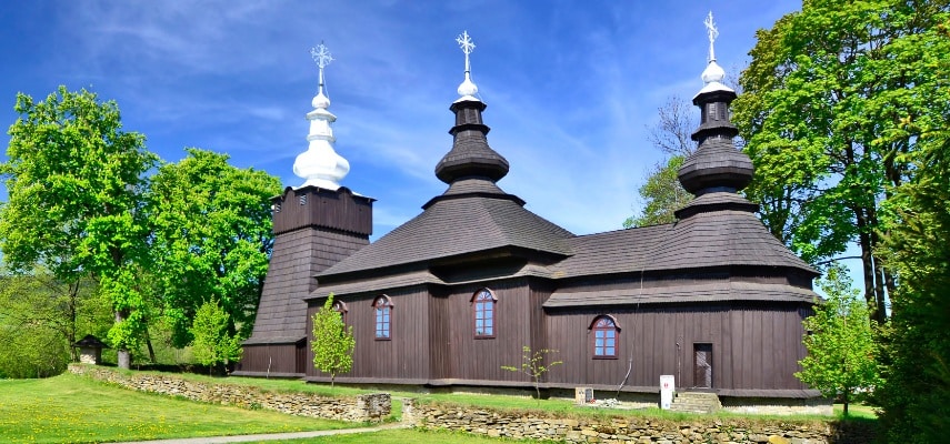 The multi-tiered wooden tserkva of Brunary in southern Poland, built in the Orthodox Carpathian tradition.