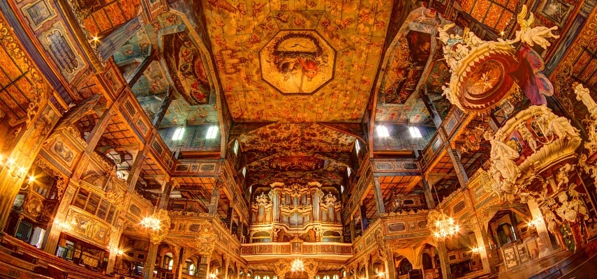 The timber-framed half-timbered exterior of the Church of Peace in Świdnica in Lower Silesia.